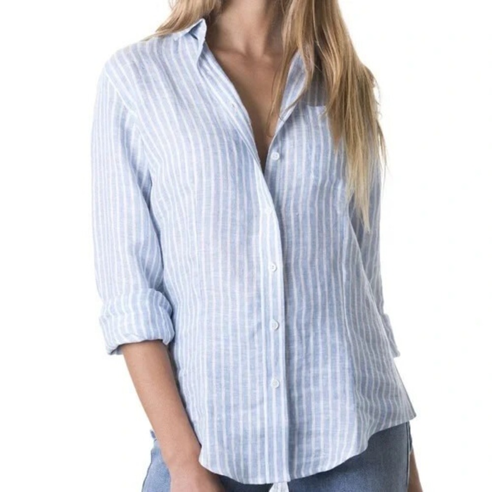 J Jill Womens L Love‎ Linen Striped Button Front Lightweight Long Sleeve Shirt